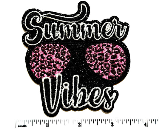 Summer Vibes leopard print sunglasses patch - Embroidered Iron on patch with black glitter