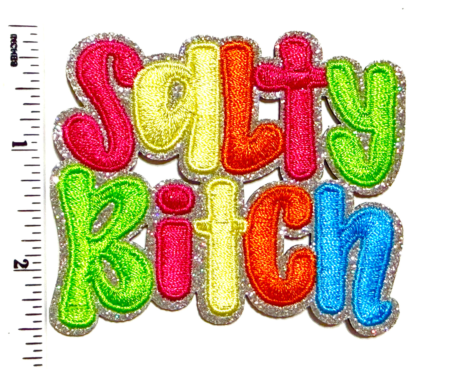 Salty Bitch patch - Embroidered Iron On Patch with silver glitter 3”