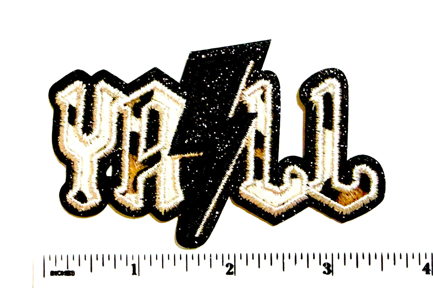Y’all with black glitter lightning bolt patch - Embroidered Iron on patch
