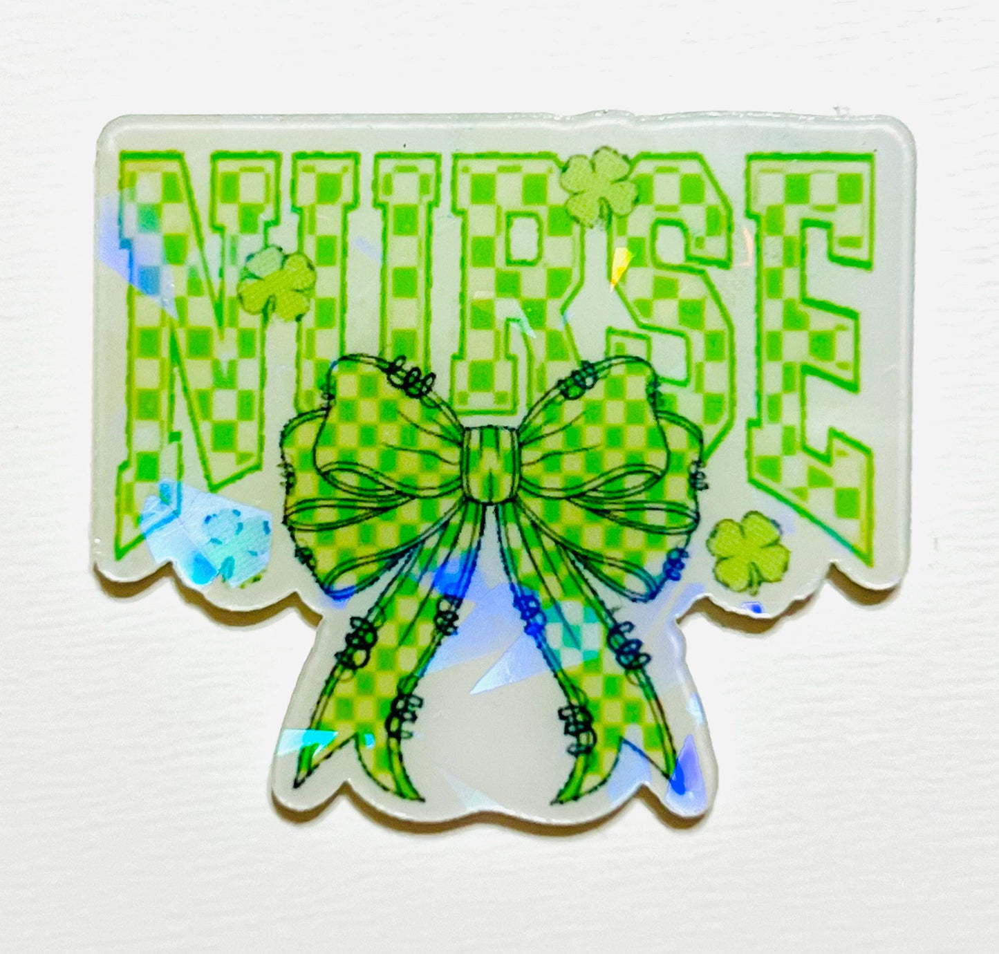 St. Patrick’s Day nurse with bow holographic acrylics - flatback acrylics set of 3