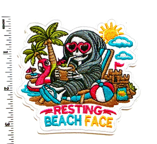 Resting Beach Face Skelly patch - Embroidered DIY Iron on patch