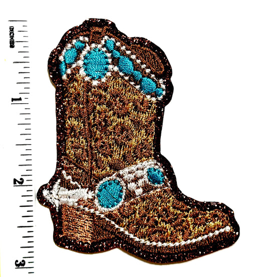 Cowgirl Boot with turquoise detail and brown glitter - Embroidered Iron on patch 3”
