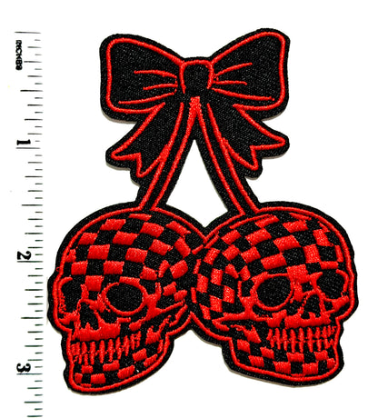 Checkered Skull cherries with bow patches - Embroidered Iron On Patch 3.25