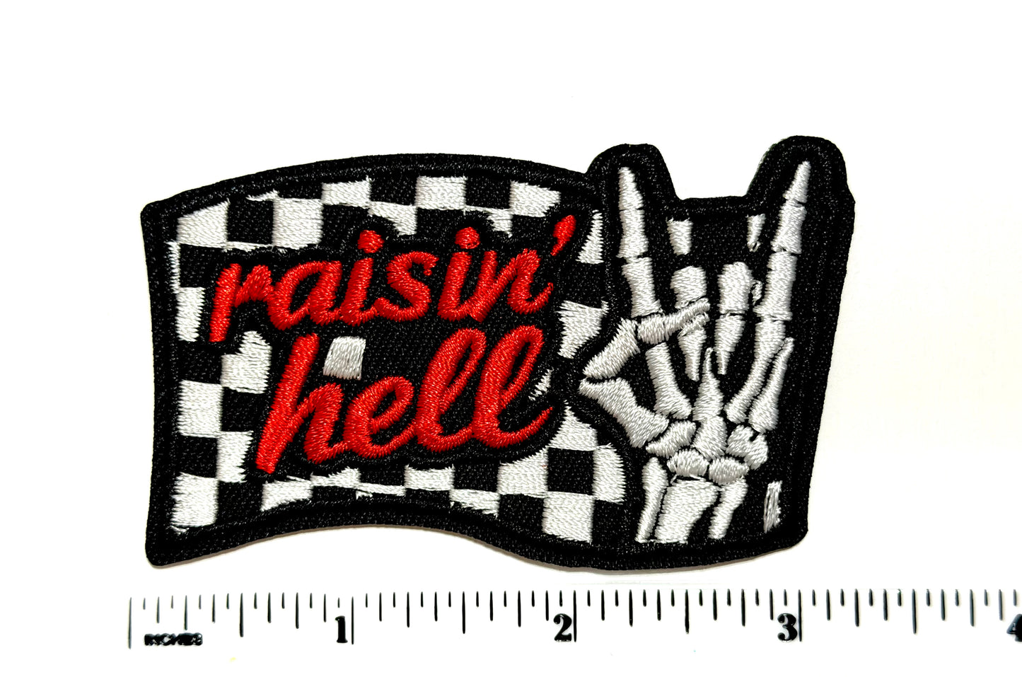 Raisin’ Hell Checkered Skelly Hand patch - Embroidered Iron on patch 3”