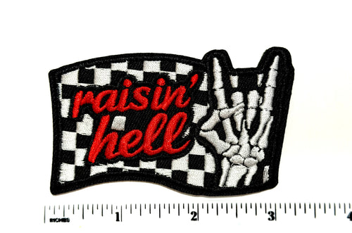 Raisin’ Hell Checkered Skelly Hand patch - Embroidered Iron on patch 3”