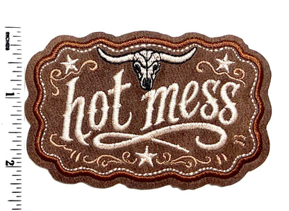 Hot Mess leatherette patch - Embroidered Iron on leatherette patch 3.5”