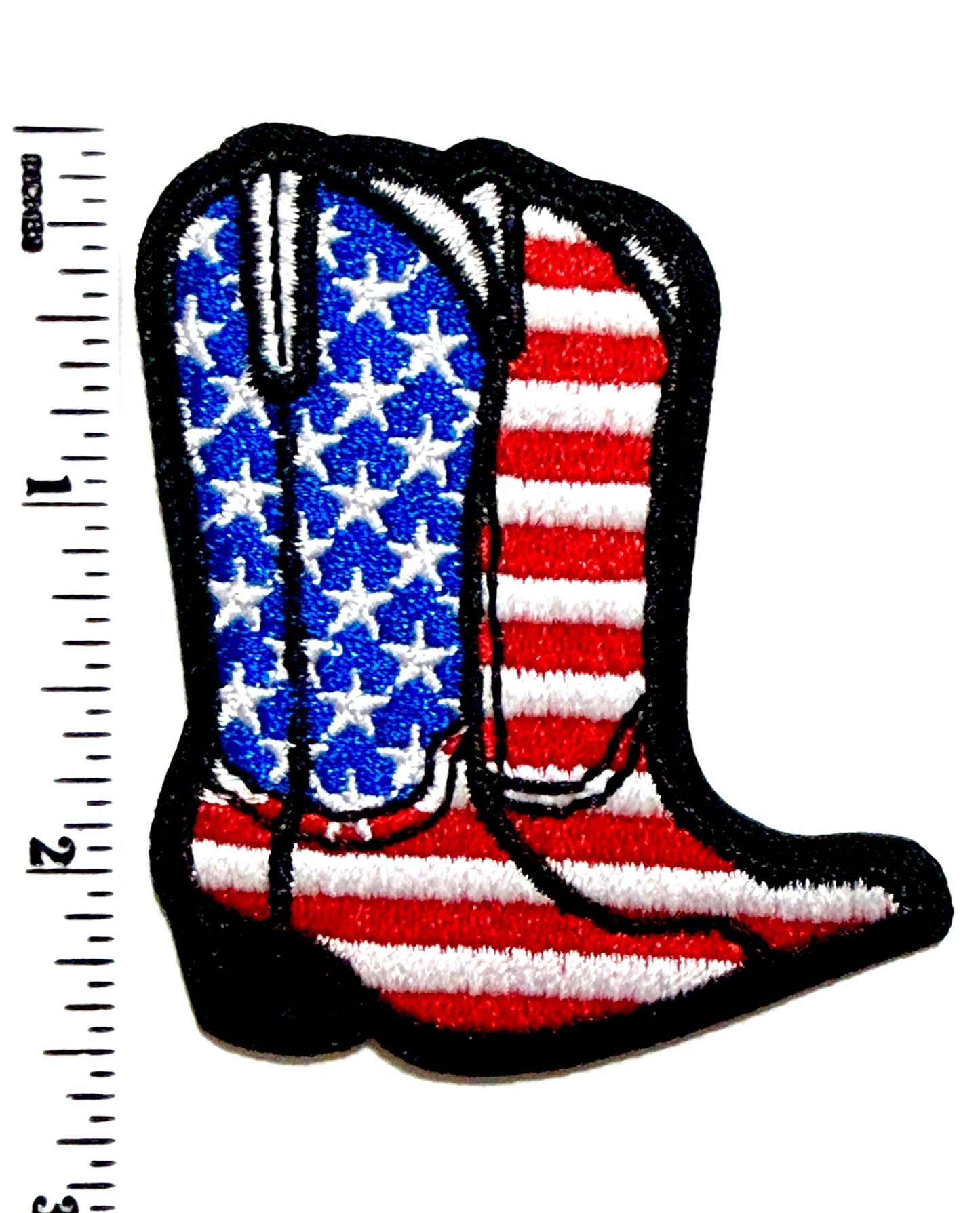 Patriotic Cowboy Boots Patch – American Flag Embroidered Iron-On (2.5")