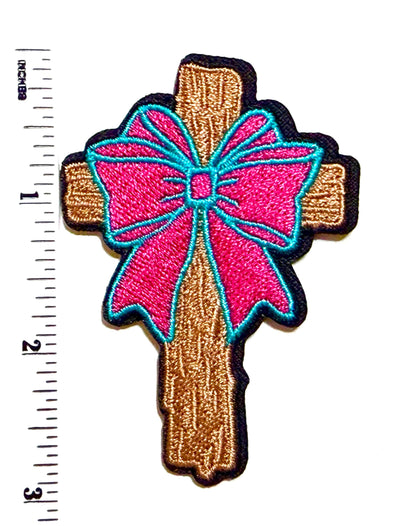 Cross with pink ribbon (small) - Embroidered Iron on patch