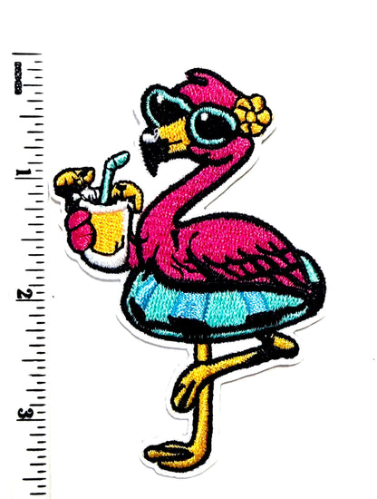 Pink flamingo with cocktail - Embroidered Iron on patch 3.25”