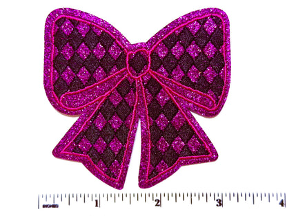 Purple bow with harlequin print glitter patch - Embroidered & Glitter Iron on patches
