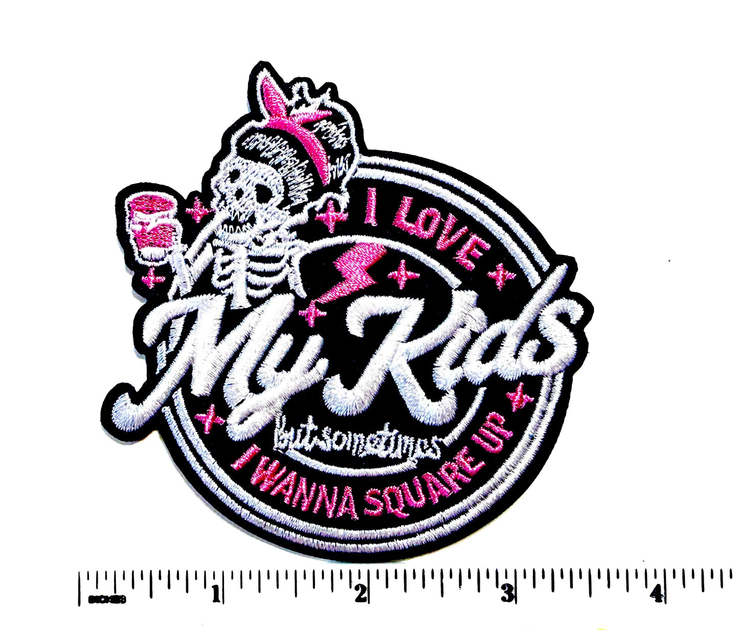 I Love My Kids Iron-On Applique (3.5") - Embroidered Skeleton Patch