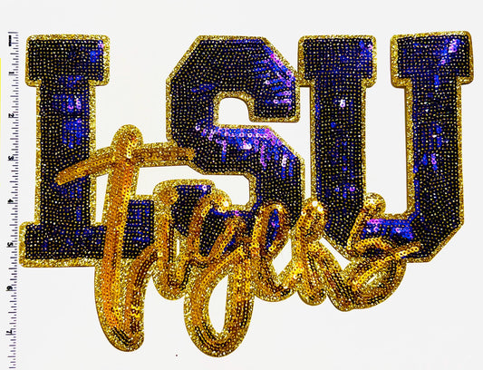 Purple & Gold Tigers patch - Large Sequins Iron on patch 10.5”
