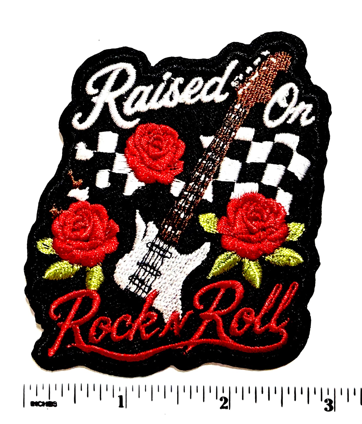 Raised on Rock n Roll checkered patch - Embroidered Iron on pathetic 3.25”