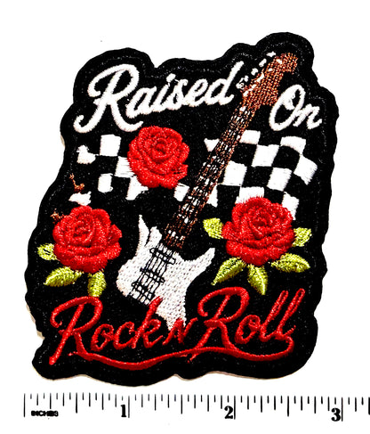 Raised on Rock n Roll checkered patch - Embroidered Iron on pathetic 3.25”