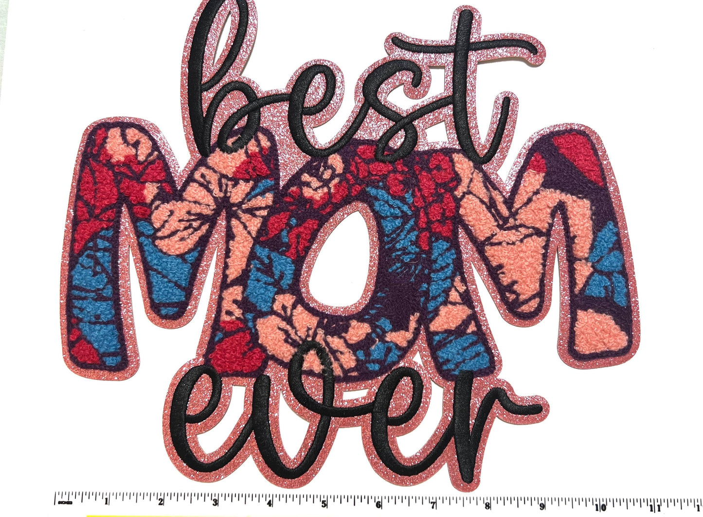 Mom Chenille Patch – Pink Glitter Iron-On Applique
