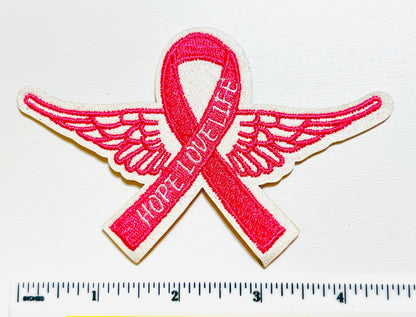 Breast Cancer Awareness Ribbon Patch with Iridescent Angel Wings