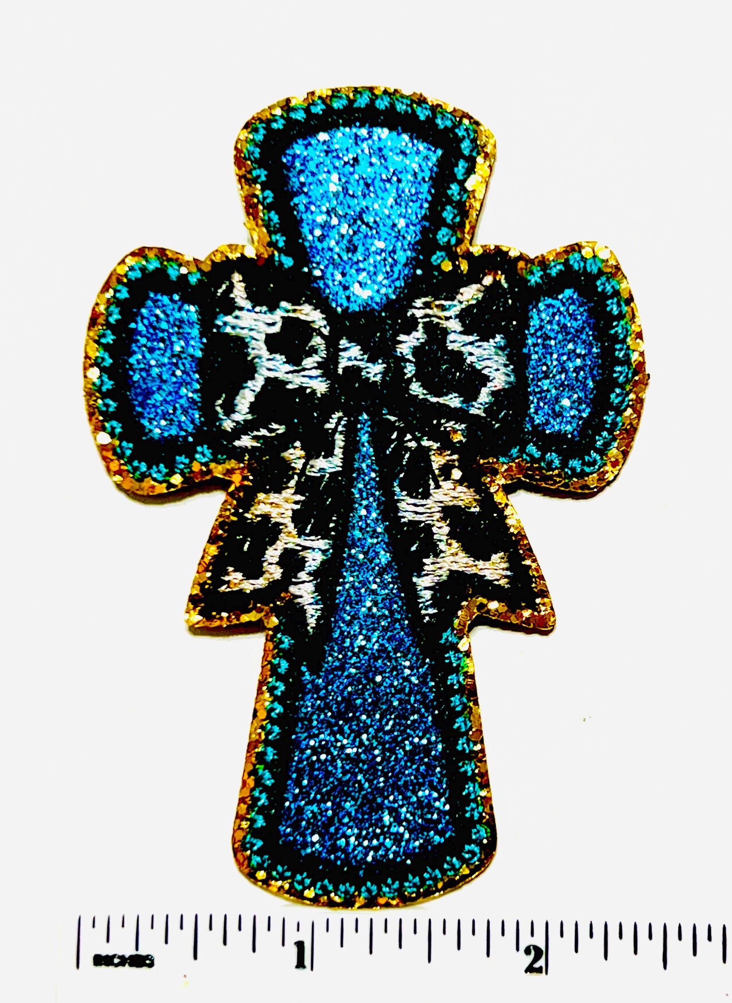 Turquoise Cross Glitter & Leopard Print Bow - Embroidered Iron On Patch 3.5”