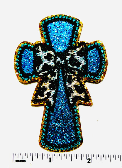 Turquoise Cross Glitter & Leopard Print Bow - Embroidered Iron On Patch 3.5”