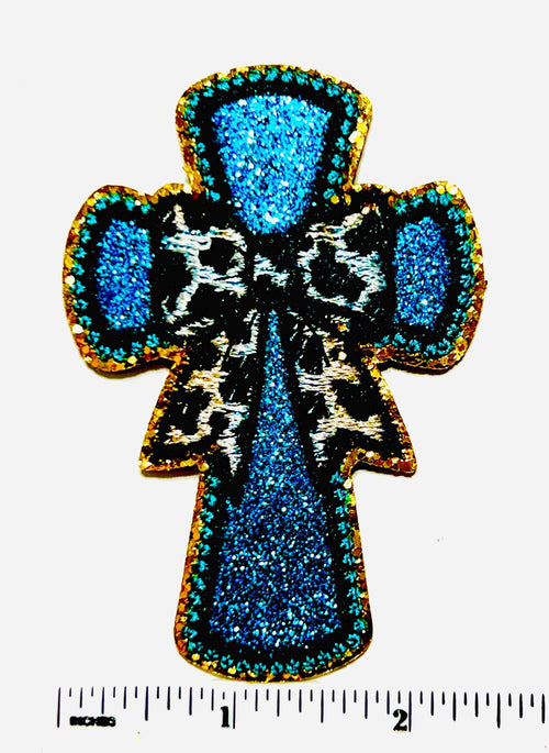 Turquoise Cross Glitter & Leopard Print Bow - Embroidered Iron On Patch 3.5”