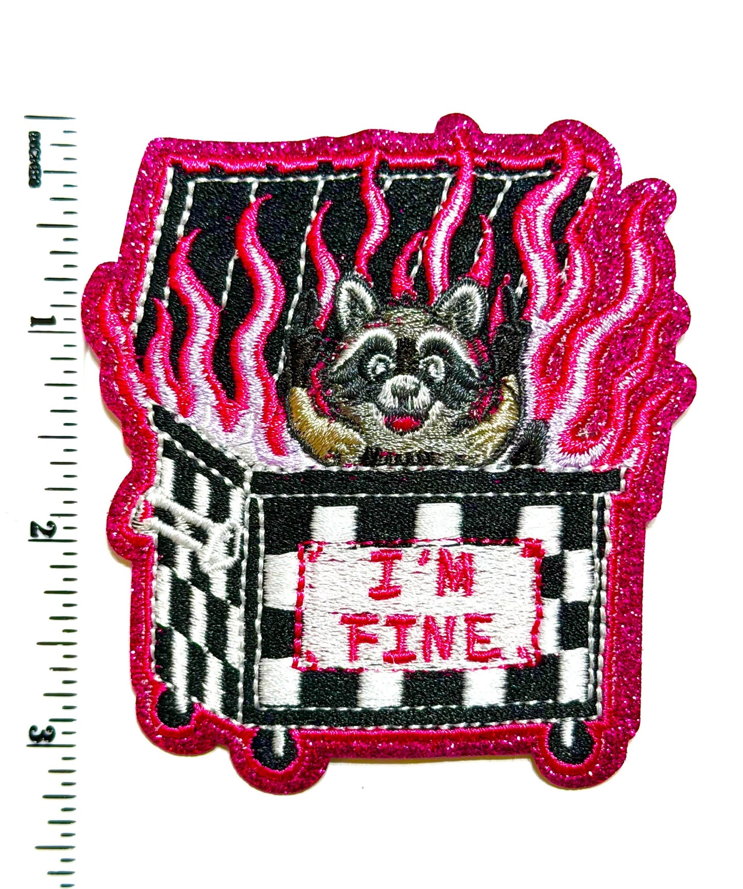 Dumpster Fire, hot pink flames, raccoon I’m fine - Embroidered Iron-On Patch with glitter 3.25”