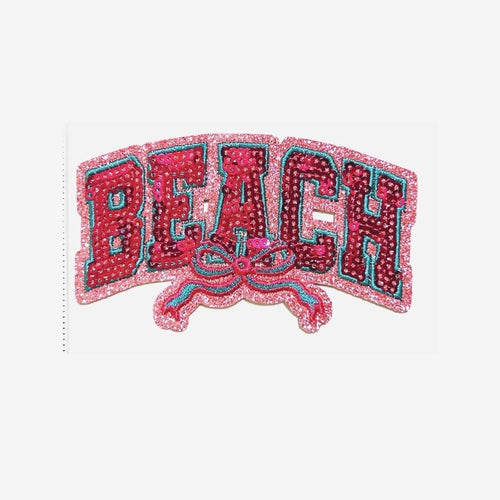 Beach *pink with teal outline* with a bow - Sequins DIY  Iron on patch
