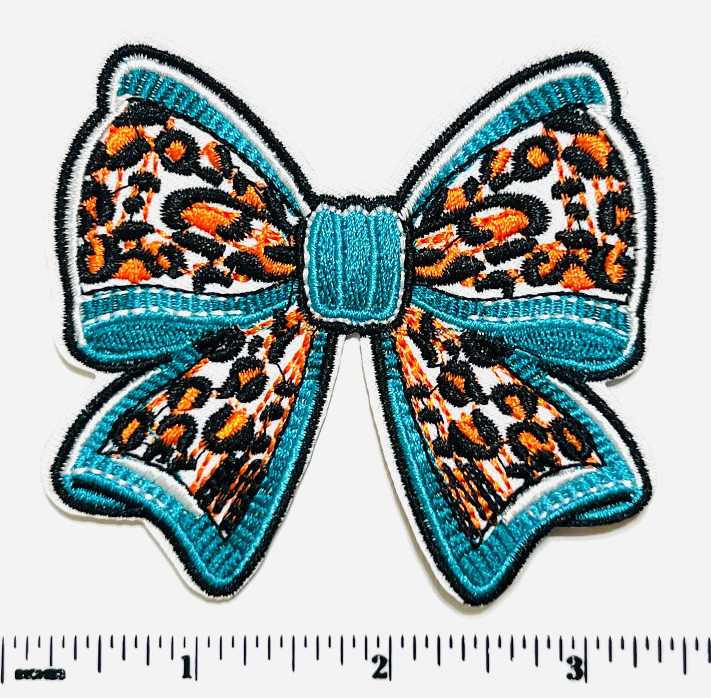 Turquoise & Leopard print bow patch - 3.25” Embroidered