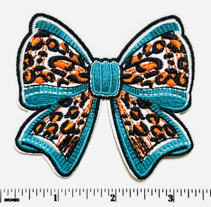 Turquoise & Leopard print bow patch - 3.25” Embroidered