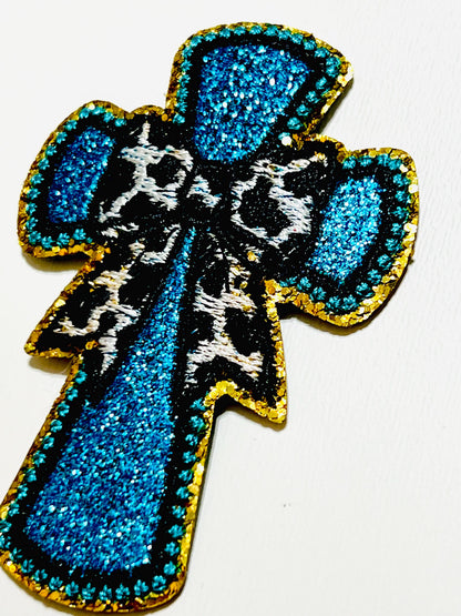 Turquoise Cross Glitter & Leopard Print Bow - Embroidered Iron On Patch 3.5”