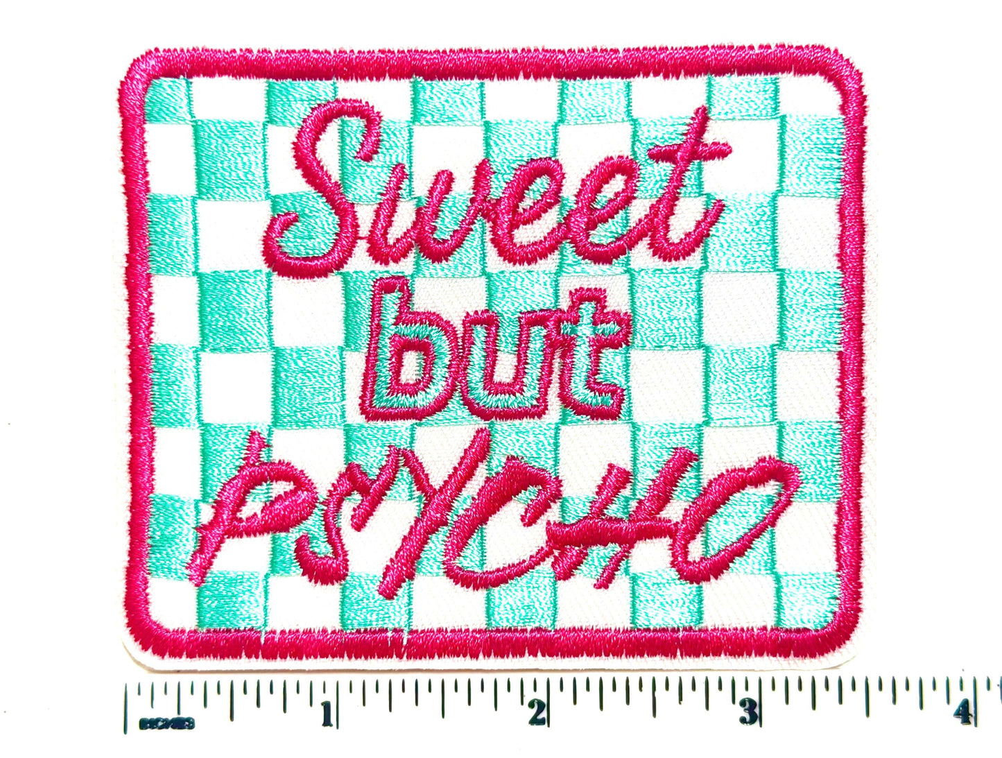 Sweet but Psycho teal and white checkered patch - Embroidered Iron on patch