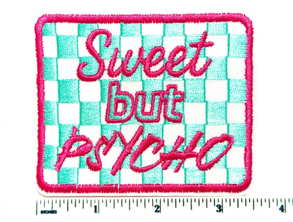 Sweet but Psycho teal and white checkered patch - Embroidered Iron on patch