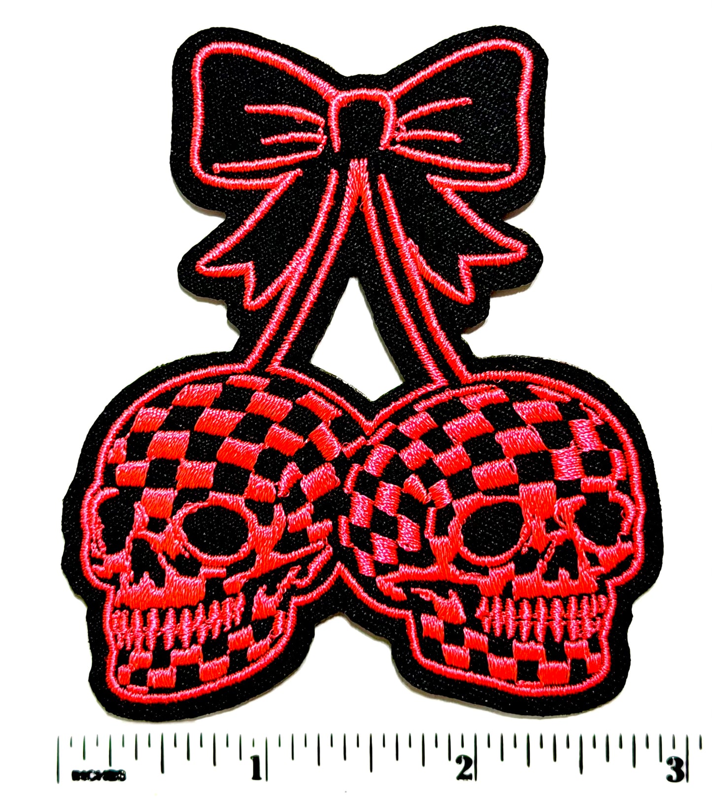Checkered Skull cherries with bow patches - Embroidered Iron On Patch 3.25
