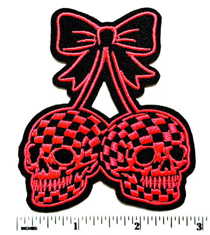 Checkered Skull cherries with bow patches - Embroidered Iron On Patch 3.25