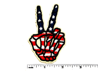 Skelly Hand Peace Sign with American Flag - Embroidered Iron On Patch 3.25”