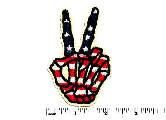 Skelly Hand Peace Sign with American Flag - Embroidered Iron On Patch 3.25”