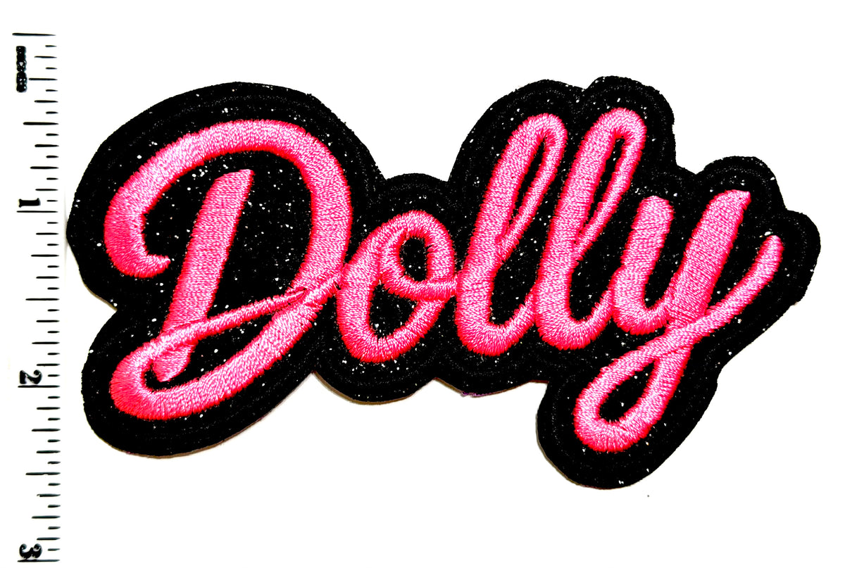 Dolly patch - Embroidered iron on patch with glitter outline 4”