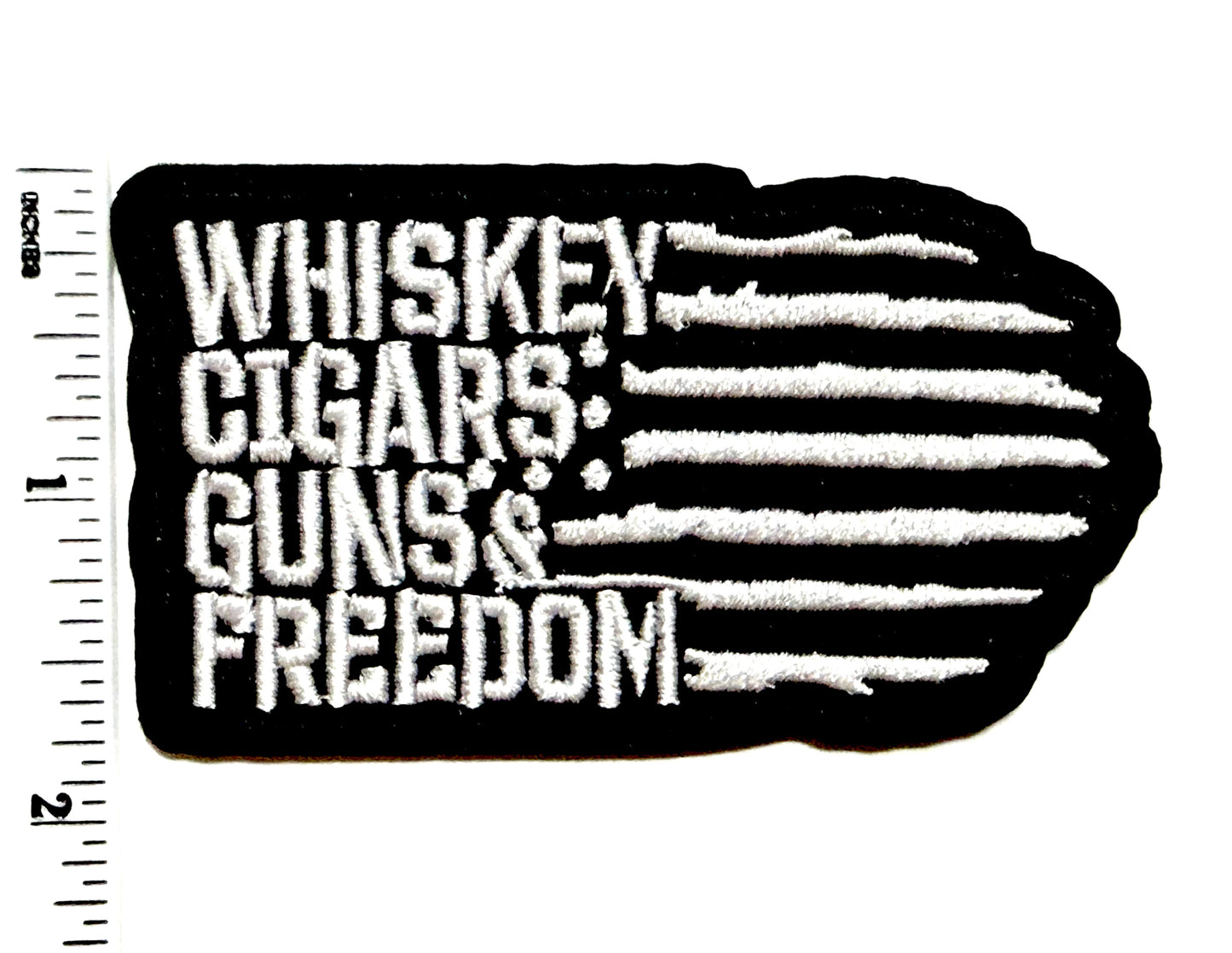 Whiskey Cigars Guns & Freedom American flag - Embroidered Iron On Patch 3”