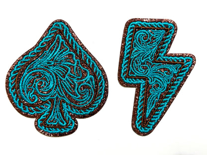 Spade or Lightning Bolt decorative brown glitter and turquoise - Embroidered Iron-On patch 3.5”