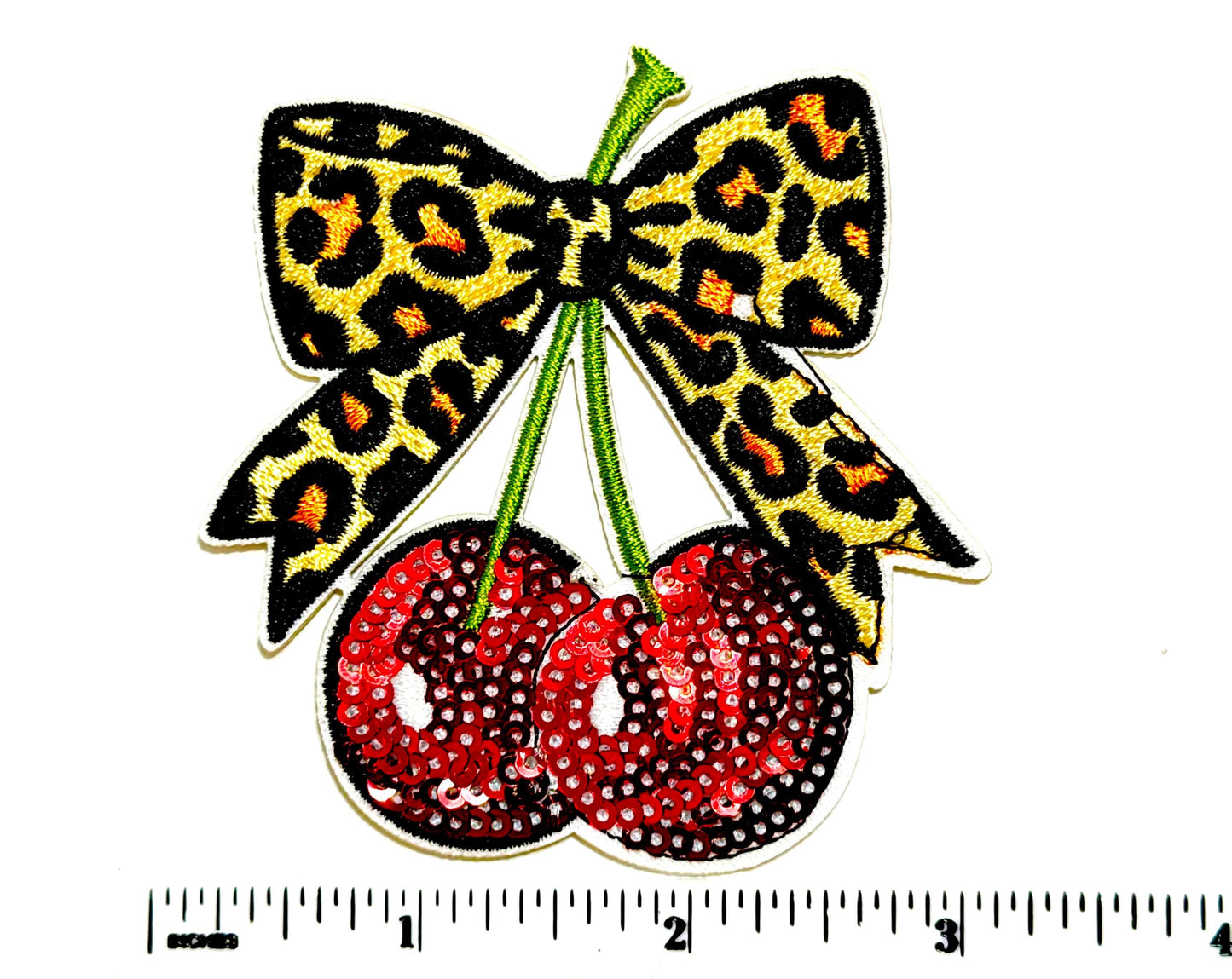 Leopard Print bow with sequined cherries patch - Embroidered & Sequins Patch - Iron-On Applique