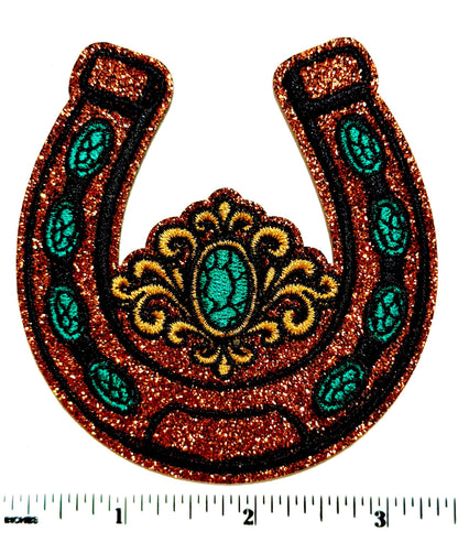 Horseshoe decorative brown glitter and turquoise Embroidered iron on patch 3.5”