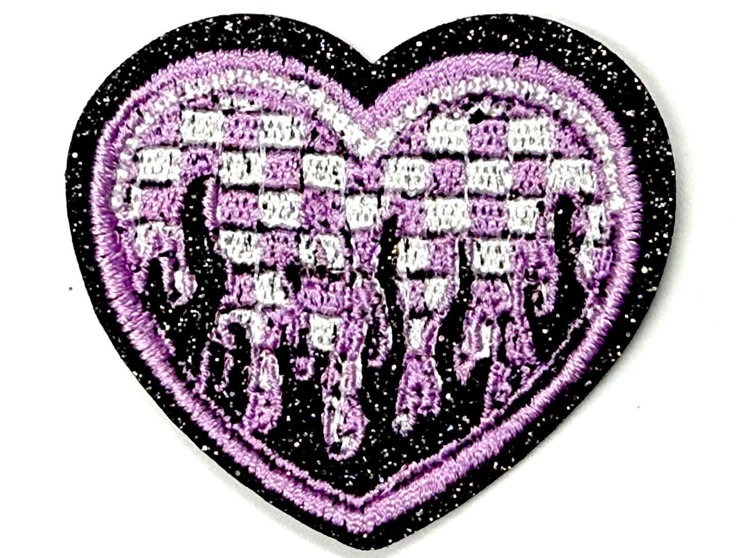 Checkered Hearts with Flames and glitter borders Iron On Patches 2”