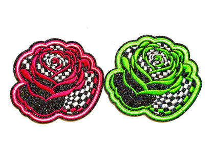 Roses checkered & glittered - Embroidered Iron On Patch 3.25”