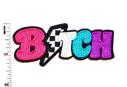 Bitch with checkered lightning bolt - Embroidered Iron on patch 3.25”