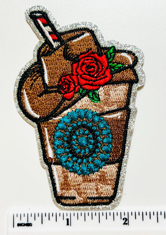 Iced coffee with cowgirl hat and turquoise - Embroidered Iron on patch 3.5”