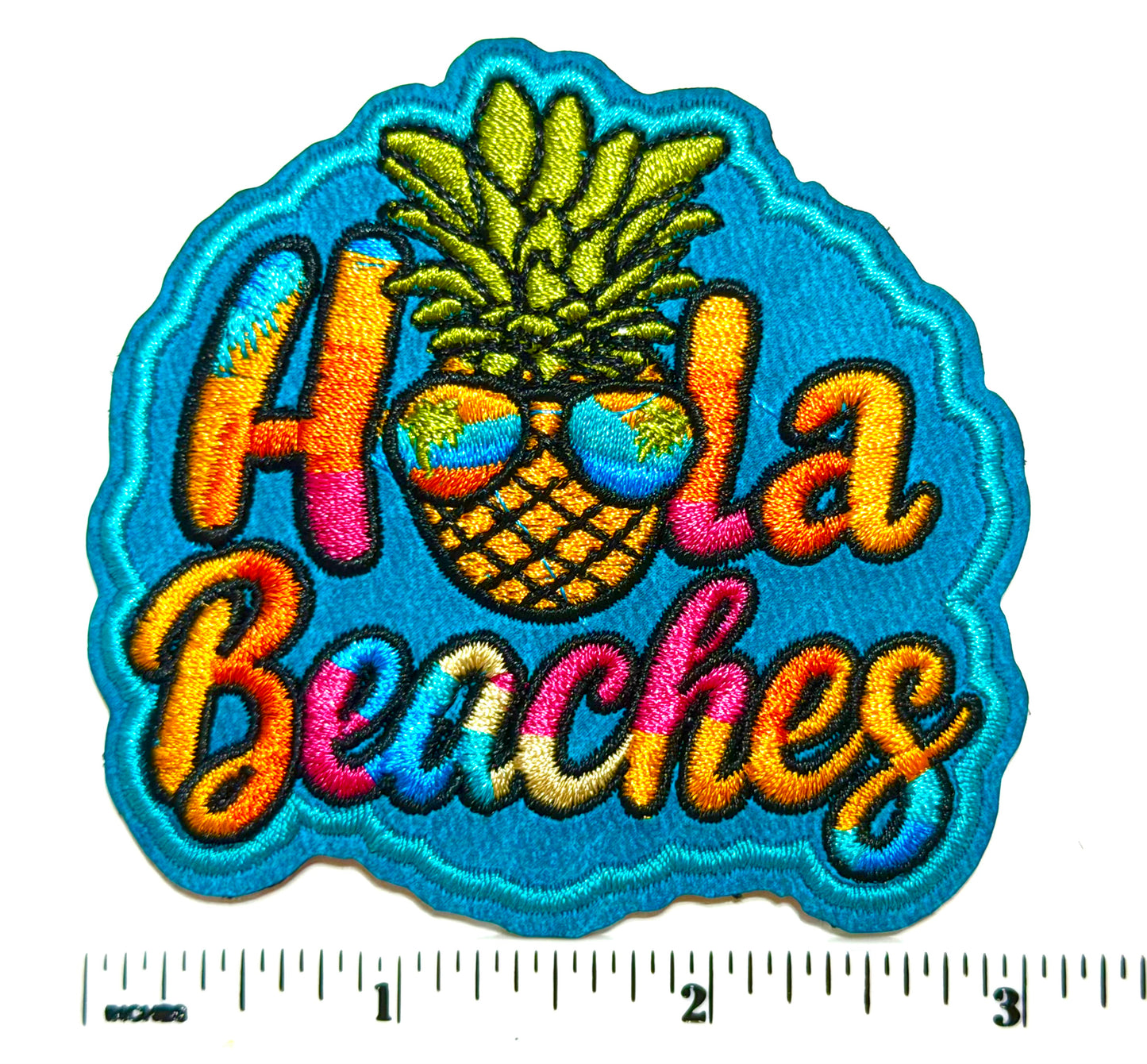 Hola Beaches patch - Embroidered Iron On Leatherette patch 3”