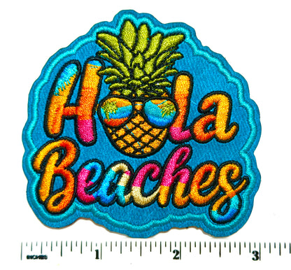Hola Beaches patch - Embroidered Iron On Leatherette patch 3”