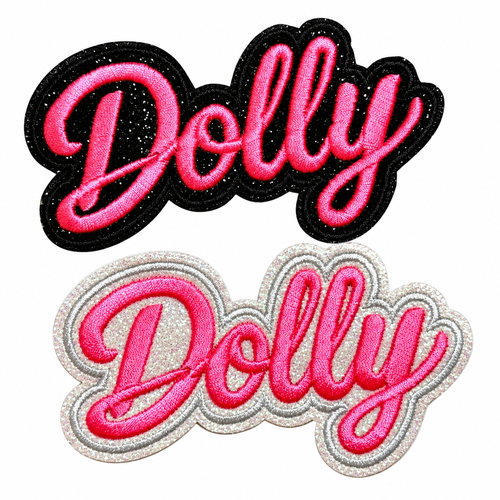 Dolly patch - Embroidered iron on patch with glitter outline 4”