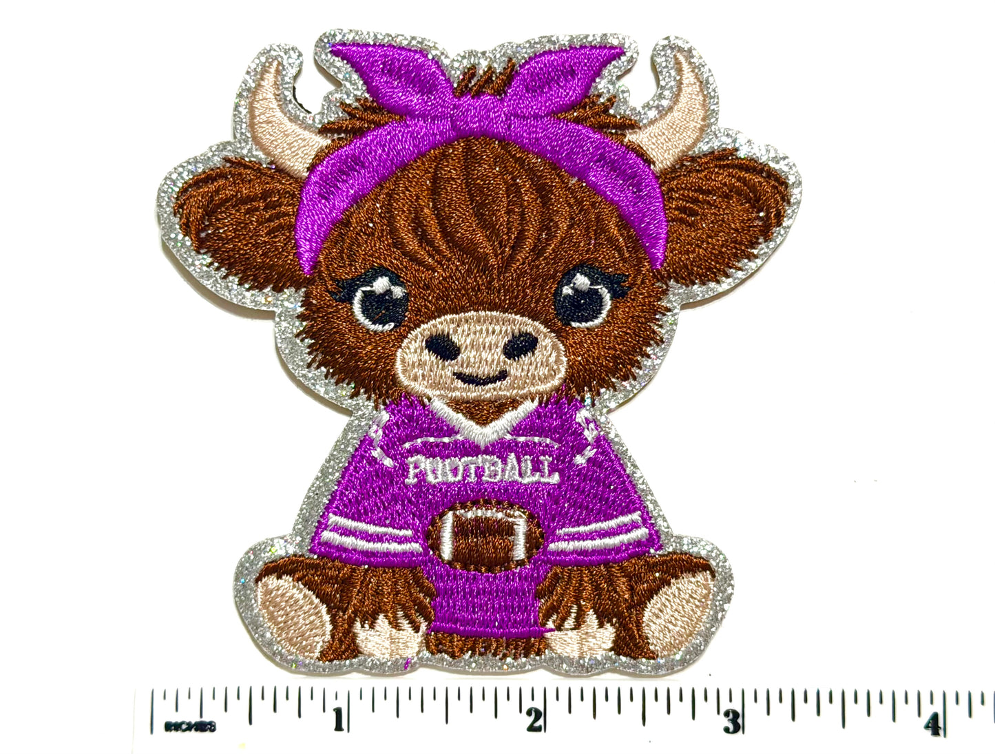 Highland Cow with Purple Football uniform - Embroidered Iron On Patch 3.25”