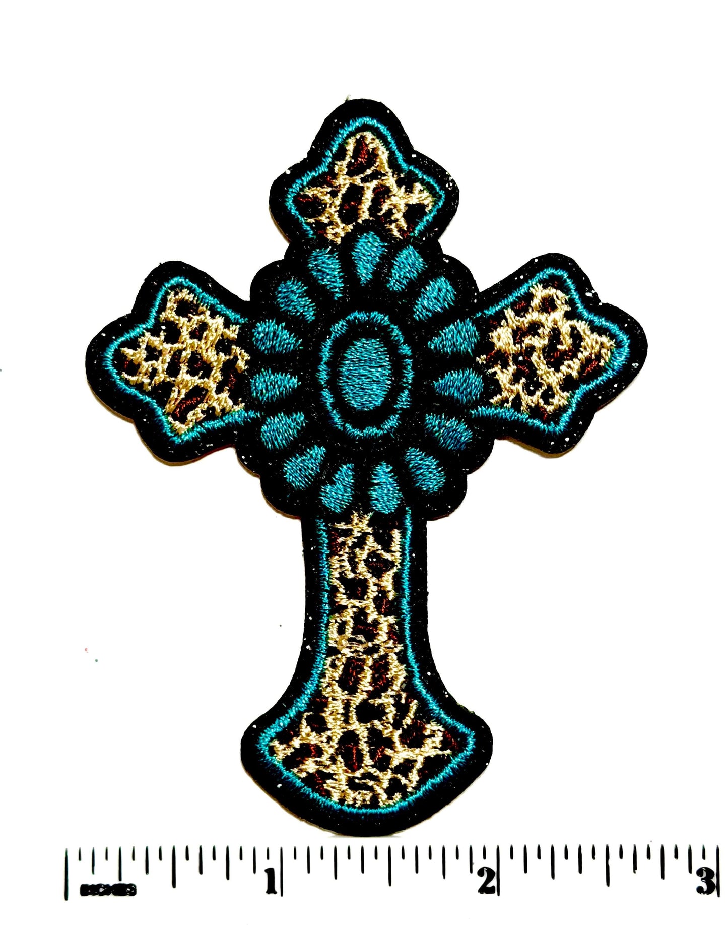 Turquoise & Leopard Print patches, Hearts, Cross and Bow - Embroidered Iron On Patches