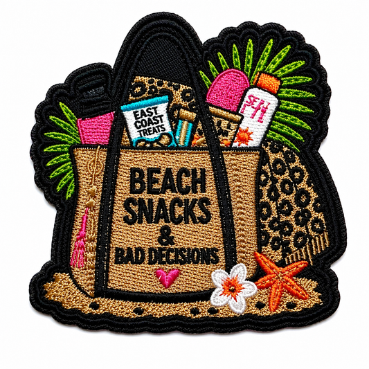 Beach Snack and Bad Decisions beach bag patch - Embroidered DIY Iron on patch 3.25”