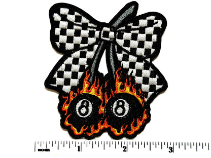Flaming 8 Ball Bow Checkered Racing - Embroidered Iron On Patch 3”